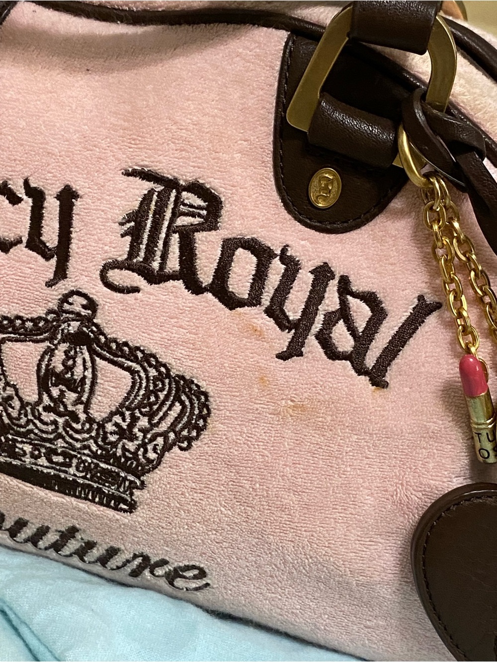 Vintage Juicy Couture Royal Bowler Bag Velour Velvet Baby Pink Crown w/Charms - Picture 13 of 16